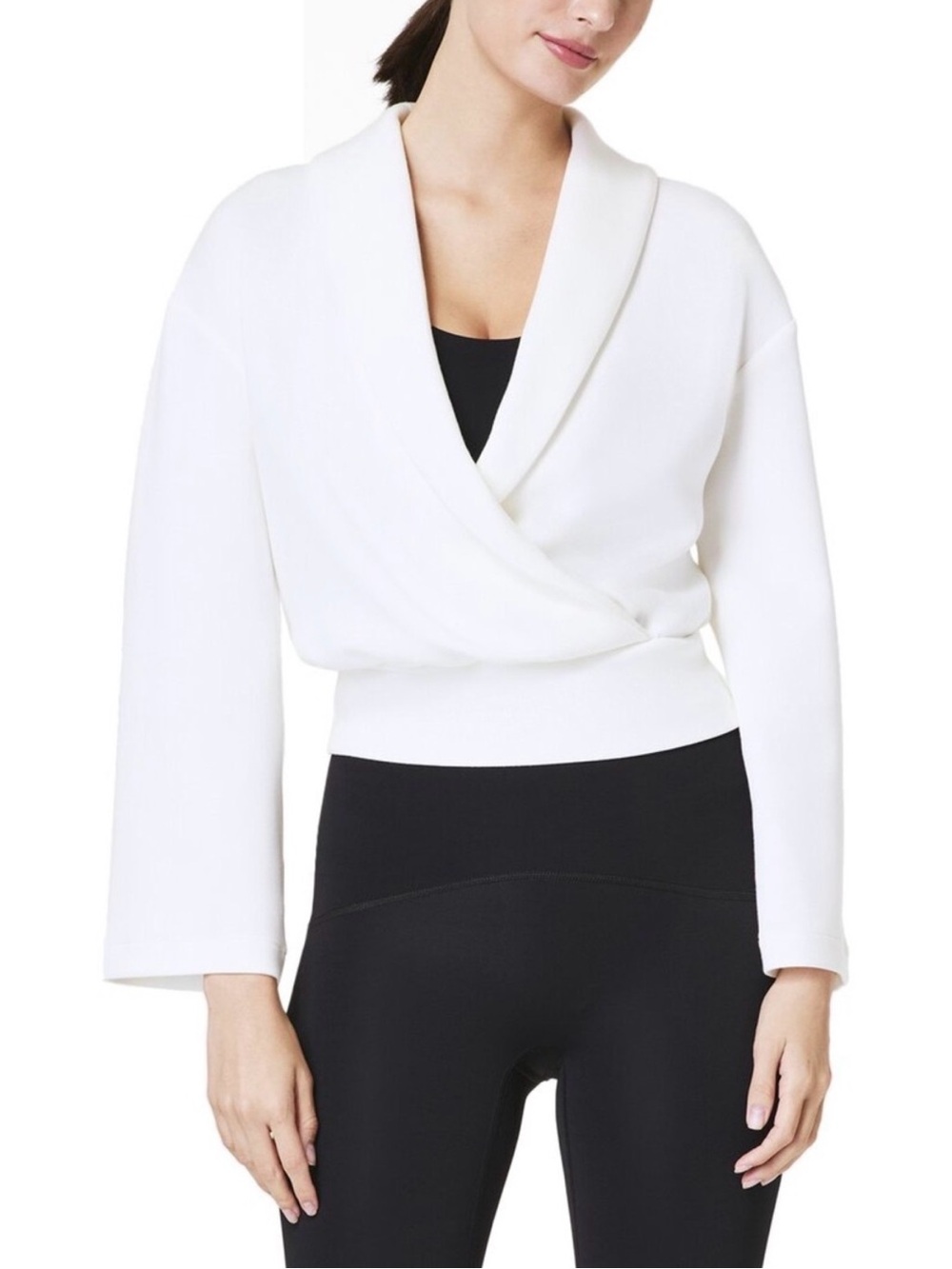 SPANX AirEssentials White Shawl Collar Wrap Pullover Top Long Sleeve Soft L